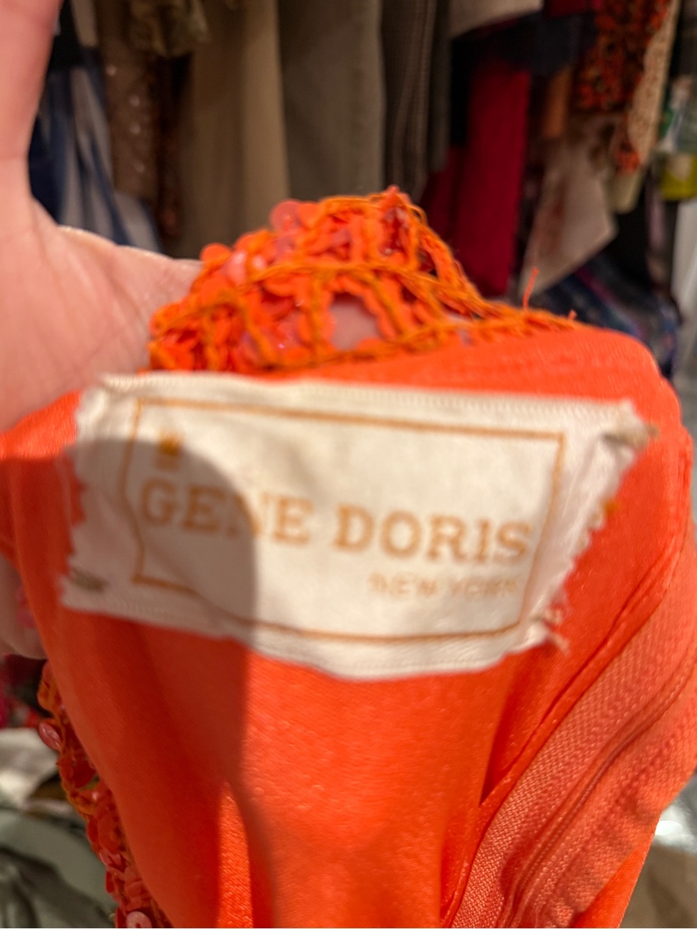 Gene Doris Vintage 60s caftan Orange Maxi Dress with sequin Yoke - Picture 5 of 5